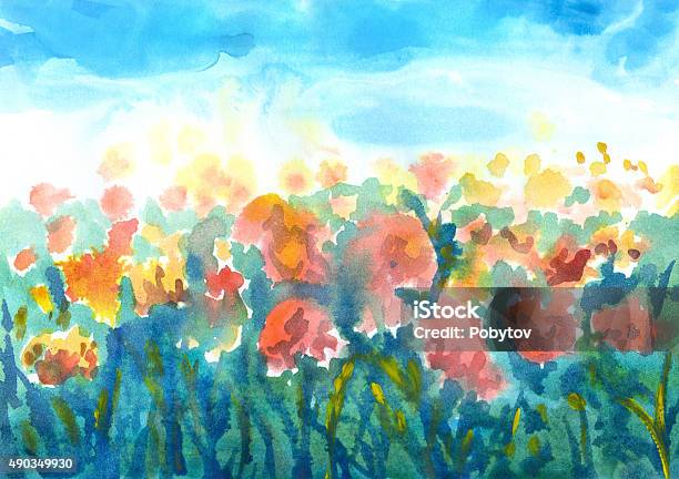 Blooming Field Of Tulips Watercolor Painting Stock Illustration - Download Image Now - Tulip, Illustration, Springtime