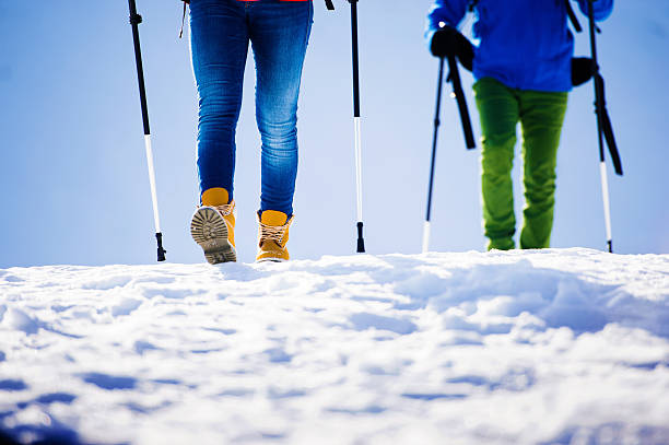 Group of mountaineers walking through the mountains covered with snow. 