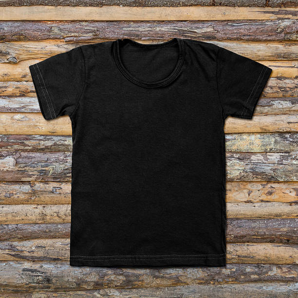 istock Black blank t-shirt on wooden background 490360454