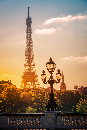 Street lantern on the Alexandre III Bridge against the Eiffel Tower in Paris, France