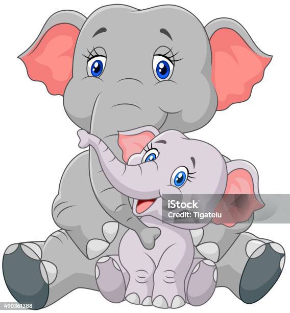 Cartoon Mother And Baby Elephant Sitting Isolated On White Background Stock Illustration - Download Image Now