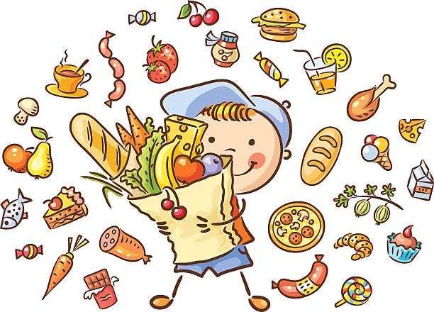 Child with a big bag and food set vector art illustration