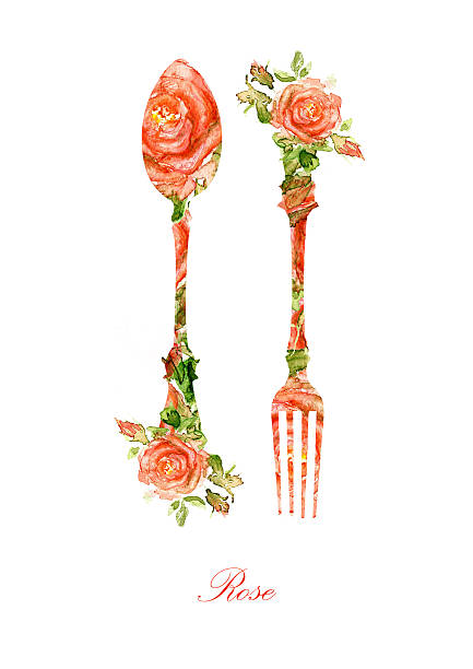 Garfo e uma colher. Silhueta de rosas, aquarela - ilustração de arte em vetor