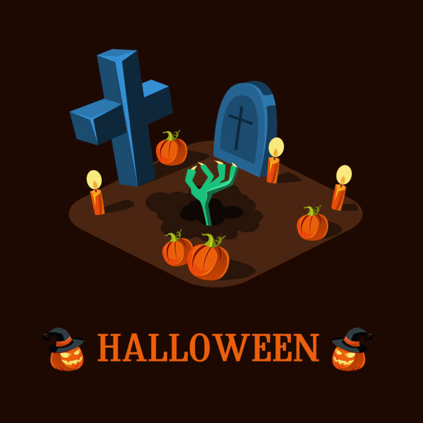 istock Cartoon Zombie Hand at Cemetery Halloween Vector Illustration 490366516