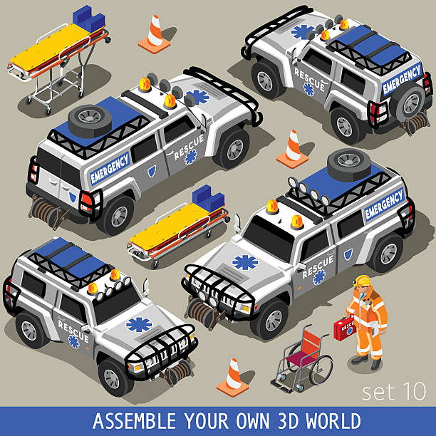 изометрические первой помощи 02 транспортного средства - emergency services car urgency isometric stock illustrations