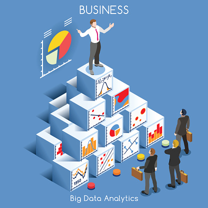 Big Data Analytics Data Mining. Interacting People Unique Isometric Realistic Poses. NEW bright palette 3D Flat Vector Icon Set. Statistics Concept. A Man Speaking on Top of a Graph Pile of Cubes