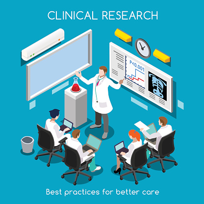 Clinical Research as Hospital Best Practice. Medical Researcher and Clinical Trials Translational Phase Study. Medical Staff Training. Investigator Meeting. NEW bright palette 3D Flat Vector People