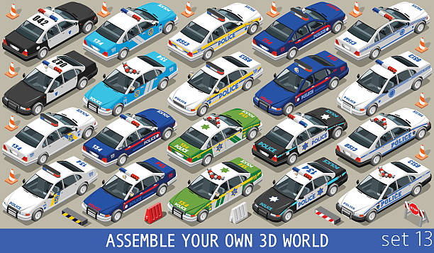 Police 01 Flat Vehicle Isometric Police Department Cars MEGACOLLECTION. Flat 3d Isometric City Service Transport Icon Set. Assemble Your Own 3D World Web Infographic Collection. military infographic elements stock illustrations