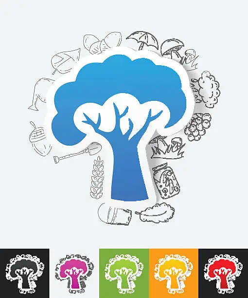 Vector illustration of tree paper sticker with hand drawn elements