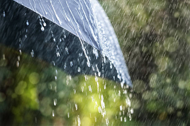 regen mit regenschirm - sintflutartiger regen stock-fotos und bilder
