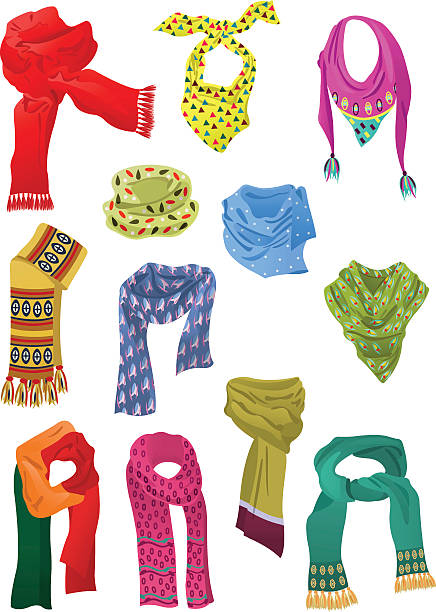 illustrations, cliparts, dessins animés et icônes de ensemble des écharpes pour filles - foulard accessoire vestimentaire pour le cou