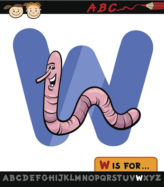 Vector illustration of letter w with worm cartoon illustration