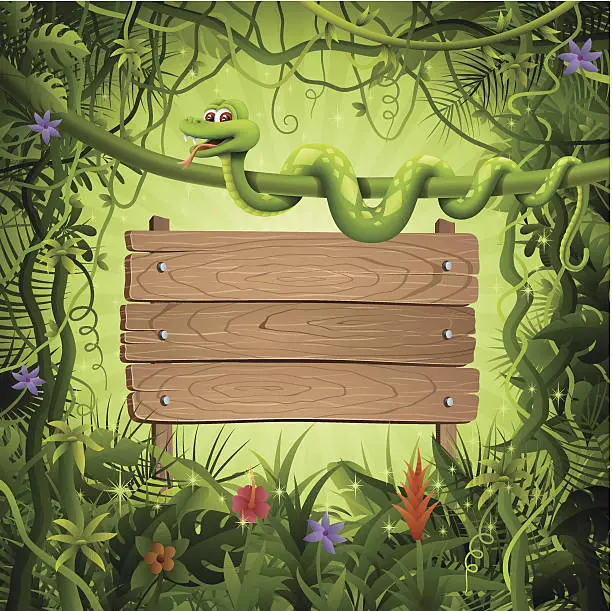 Vector illustration of Snake and Wooden Banner in the Jungle