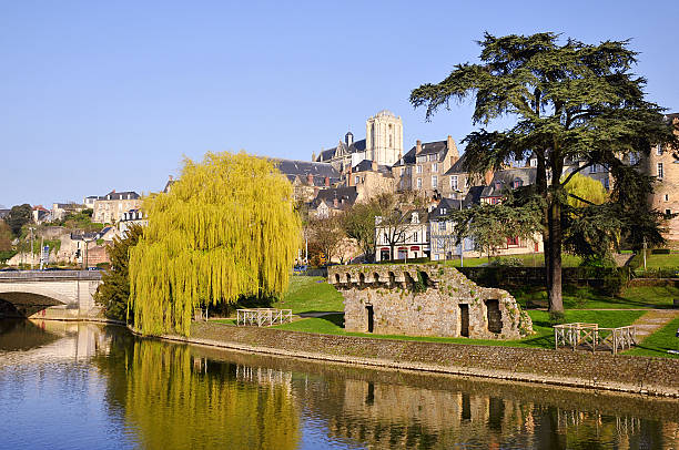 The river Sarthe at Le Mans in France The river Sarthe and weeping willow and the ruins of old fortification at Le Mans of the Pays de la Loire region in north-western France bell tower tower photos stock pictures, royalty-free photos & images