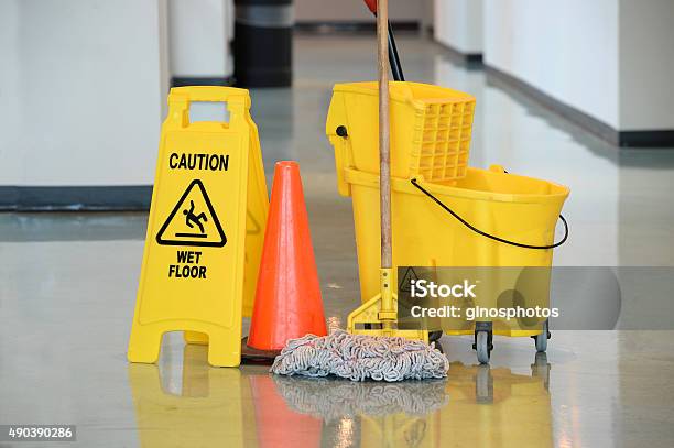 Wet Floor Sign With Mop Stock Photo - Download Image Now - Mop, Occupational Safety And Health, Flooring