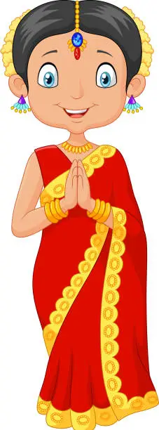 Vector illustration of Cartoon Indian girl wearing traditional dress