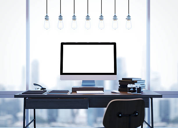 istock Mock up of modern workspace with windows and lamps. 3D 490391872