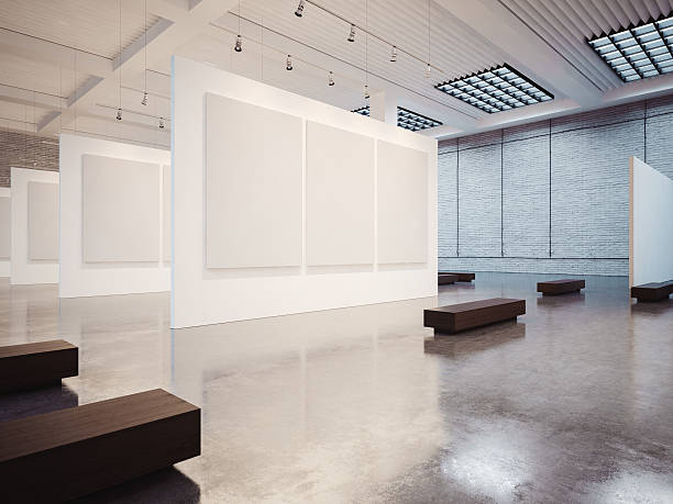 istock Mockup of expo interior with white canvas and bricks. 3d 490392270