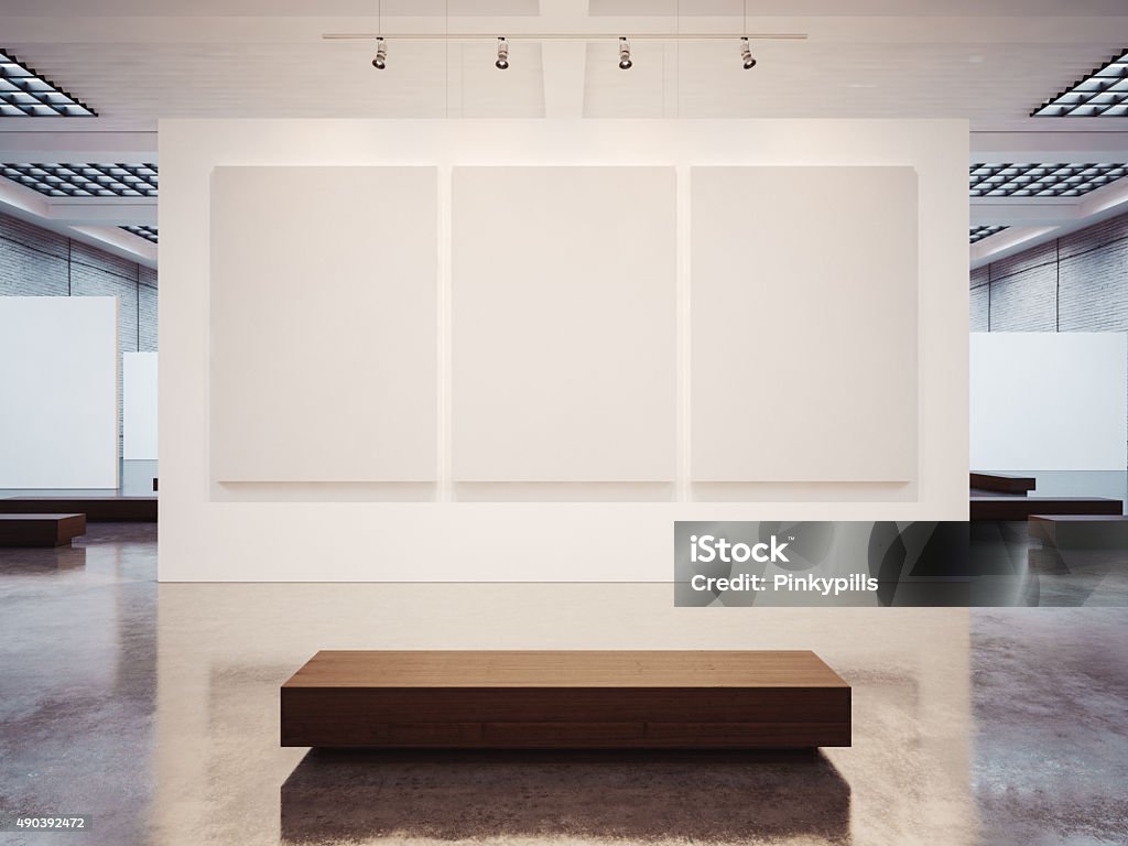 Mock up of empty gallery interior with brown bench. 3d Mock up of empty white gallery interior with white canvas Art Museum Stock Photo