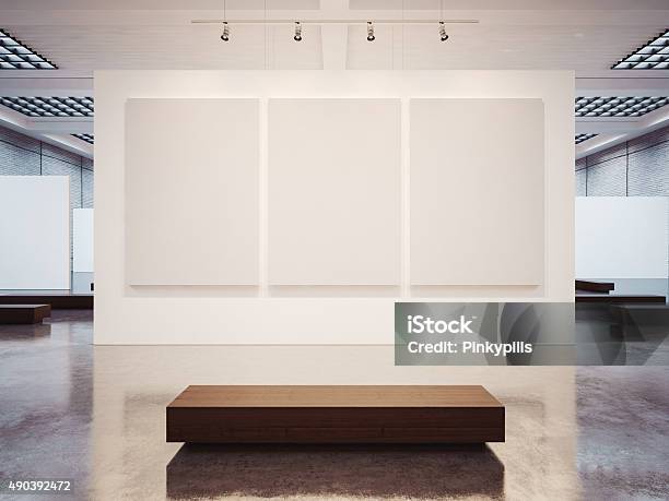 Mock Up Of Empty Gallery Interior With Brown Bench 3d Stock Photo - Download Image Now