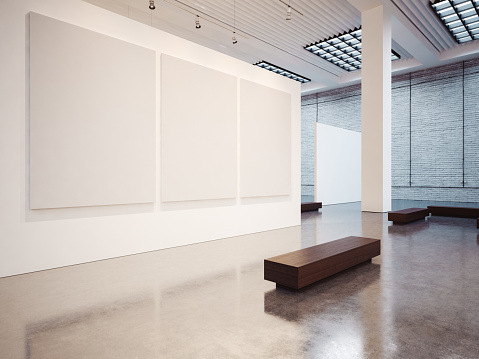 Mock up of empty white gallery interior with white canvas