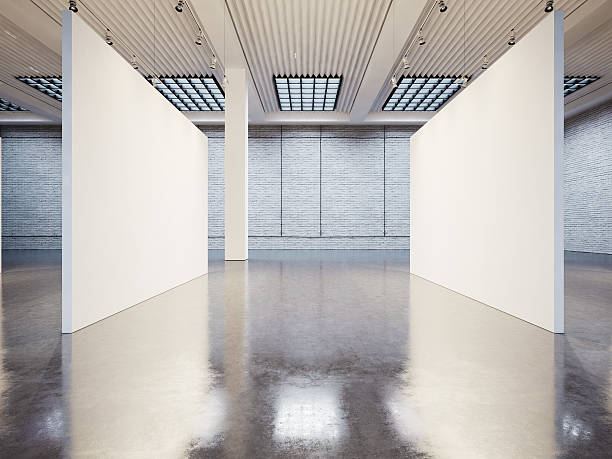 istock Mockup of empty gallery interior with white canvas and bricks 490393026