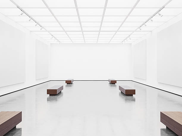 istock Mock up of open space gallery interior with white canvas 490393186