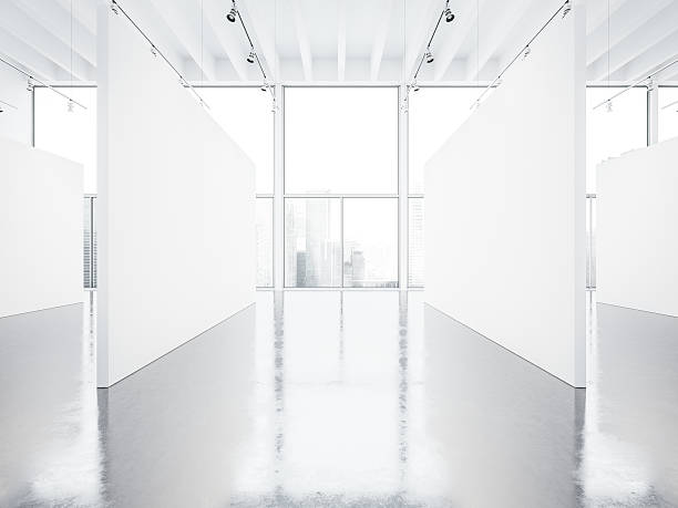 istock Mock up of empty white gallery interior with windows. 3d 490393566