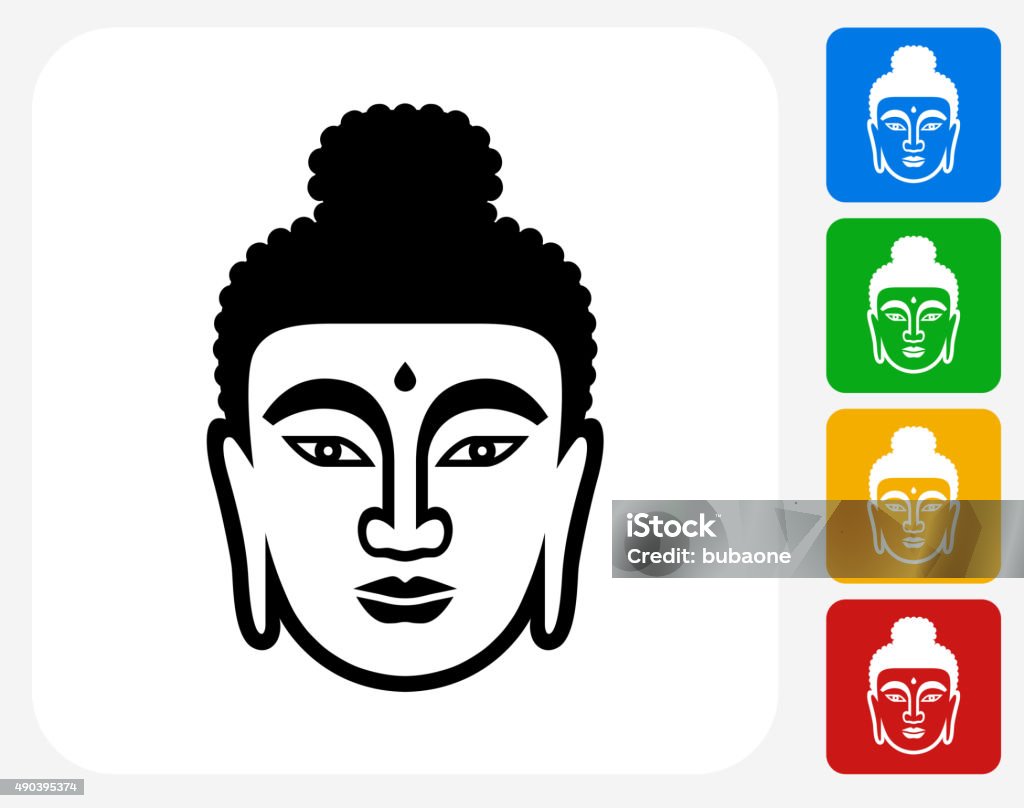 Buddha Face Icon Flat Graphic Design Buddha Face Icon. This 100% royalty free vector illustration features the main icon pictured in black inside a white square. The alternative color options in blue, green, yellow and red are on the right of the icon and are arranged in a vertical column. 2015 stock vector
