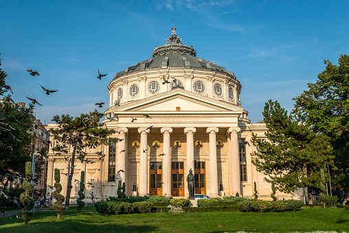 Bucharest, Romania - September 23, 2015: The Romanian Athenaeum George Enescu (Ateneul Roman) opened in 1888 is a concert hall in the center of Bucharest.