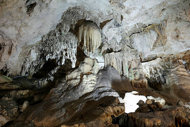 Interior of Natural Cave in Andalusia, Spain Interior of Natural Cave in Andalusia, Spain -- Inside the Cuevas de Nerja are a variety of geologic cave formations which create interesting patterns nerja caves stock pictures, royalty-free photos & images