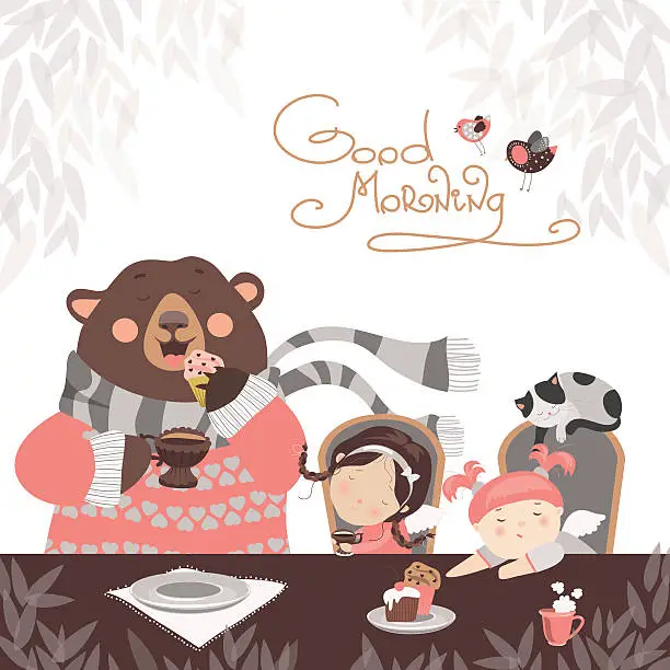 Vector illustration of Girls drinking tea with a cute bear