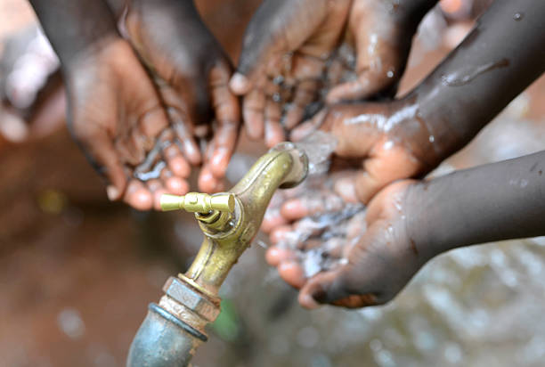Hands of African Children Cupped under Tap Drinking Water Malnutrition Hands of African black boys and girls with water pouring from a tap. Water scarcity or lack of safe drinking water is one of the world's leading problems affecting more than 1 billion people globally, meaning that one in every six people lacks access to safe drinking water. This affects people and especially children in Africa. freshwater photos stock pictures, royalty-free photos & images