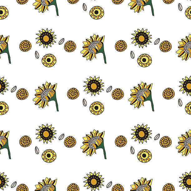 Print Seamless pattern with different sunflowers and ornamental elements. Vector illustration. sunflower vine stock illustrations