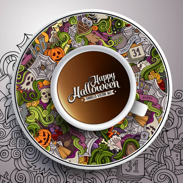 ilustracja wektorowa z filiżanką kawy halloween gryzmoły - kociołek herbaty stock illustrations