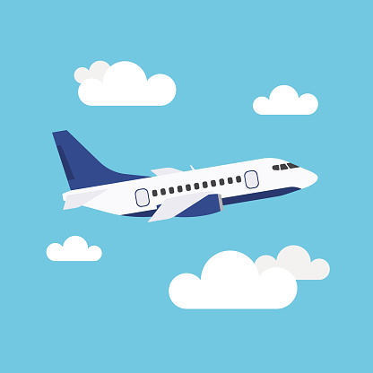 Flat icon of flying airplane with clouds on blue background