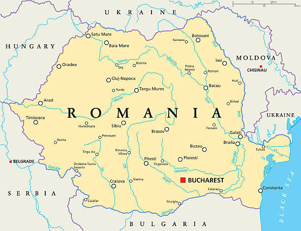 Romania Political Map Romania political map with capital Bucharest, national borders, important cities, rivers and lakes. English labeling and scaling. Illustration. romania stock illustrations