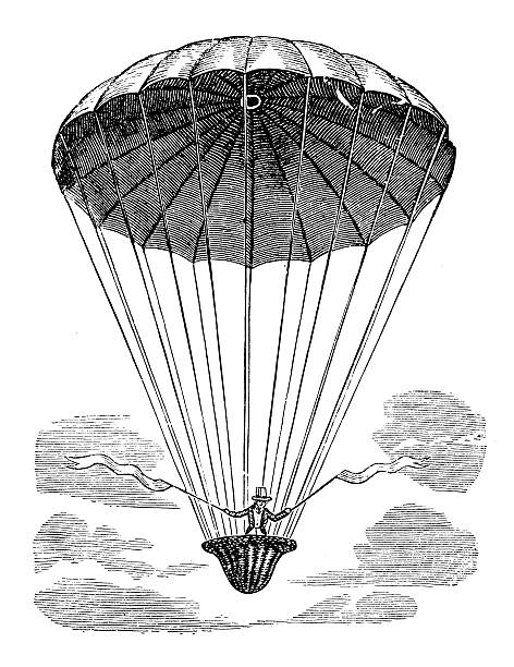Antique illustration of air balloon and flying machine prototypes