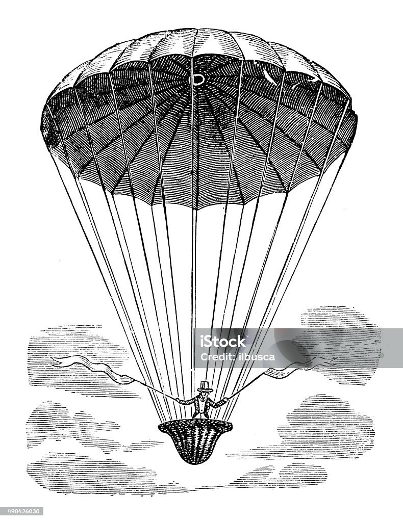 Antique illustration of air balloon and flying machine prototypes Engraved Image stock illustration