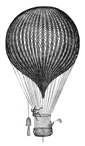 Antique illustration of air balloon and flying machine prototypes