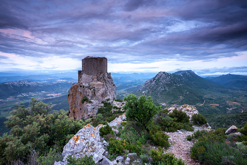 The Cathar castle of Queribus at dawn Languedoc France
