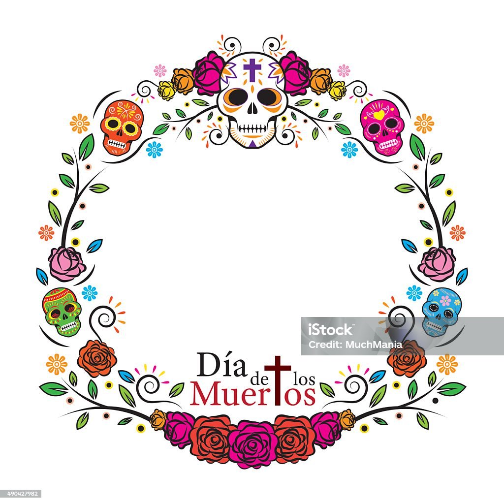 Day of the Dead Skulls Frame with Roses, Round, Circle Shape Mexico stock vector