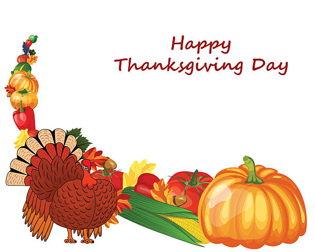 Thanksgiving Day Design Thanksgiving day greeting card. Design consist from pumpkin, pepper, tomato, apple, grape, corn, oak leaves, acorns and turkey  on white background.  Very cute and warm colors. Vector illustration. thanksgiving live wallpaper stock illustrations