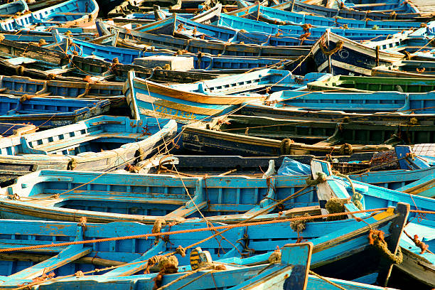 azul barcos de pesca alineados en essaouira - rowboat dinghy nautical vessel nautical equipment fotografías e imágenes de stock