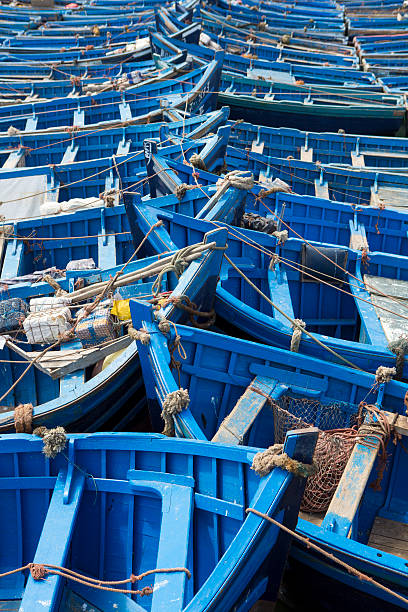 azul barcos de pesca alineados en essaouira - rowboat dinghy nautical vessel nautical equipment fotografías e imágenes de stock