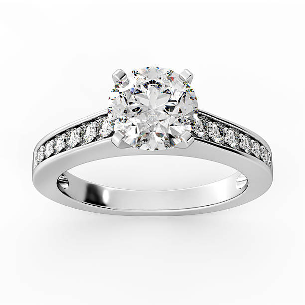 Diamond Ring Model 3 - Top Center Engagement Ring with diamonds in white gold diamond ring stock pictures, royalty-free photos & images