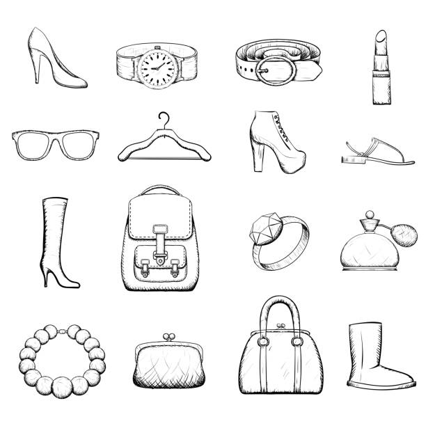 accessories Set of accessories for women. Doodle image. Stock Vector illustration. river wear stock illustrations