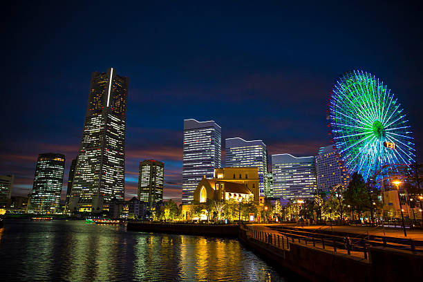 notte minato mirai di yokohama - landmark tower tokyo prefecture japan asia foto e immagini stock