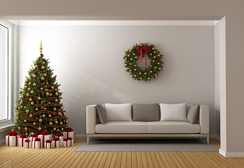 Contemporary living room with christmas tree ,gift and modern sofa - 3D Rendering