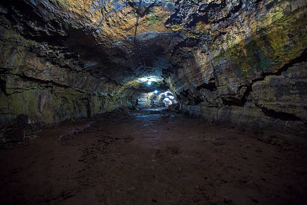 Puerto Ayora, Ecuador - February 10, 2015: Interior of a lava tube near Puerto Ayora on Isla Santa Cruz Island. Galapagos Islands.